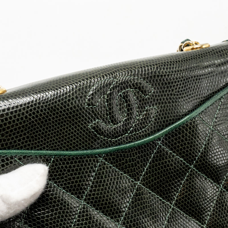 Chanel Vintage Envelop Flap Bag With Chain Lizard Dark Green GHW
