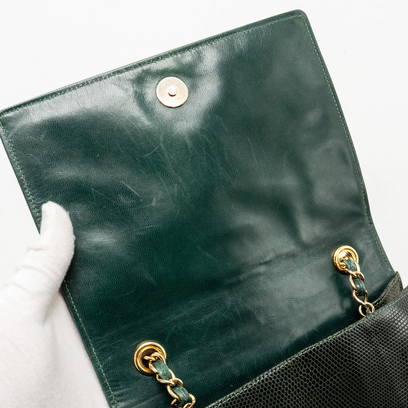 Chanel Vintage Envelop Flap Bag With Chain Lizard Dark Green GHW