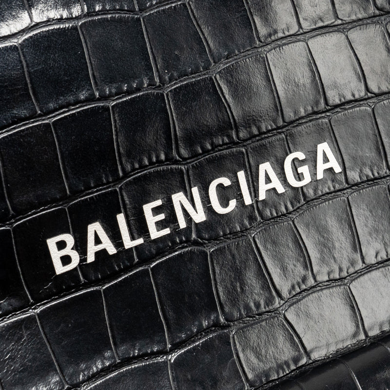 Balenciaga Shopping Tote Bag XXS Croc Embossed Calfskin Black SHW