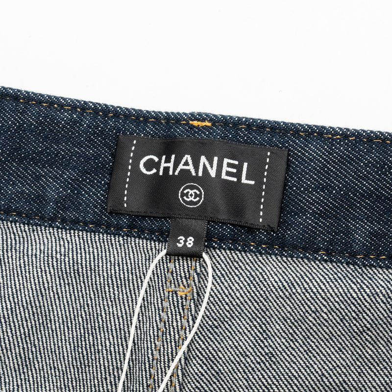 Chanel Size 38 CC Logo Washed Out Denim Jeans Cotton Dark Blue
