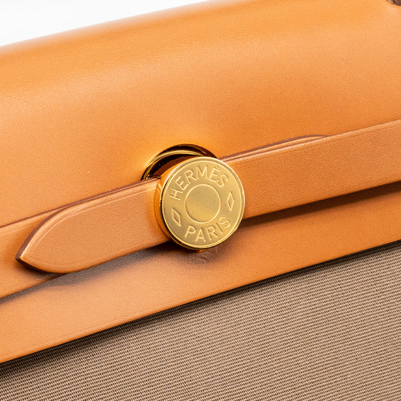 Hermes Herbag 31 zip bag canvas / hunter leather etoupe / dune / fauve GHW stamp Z