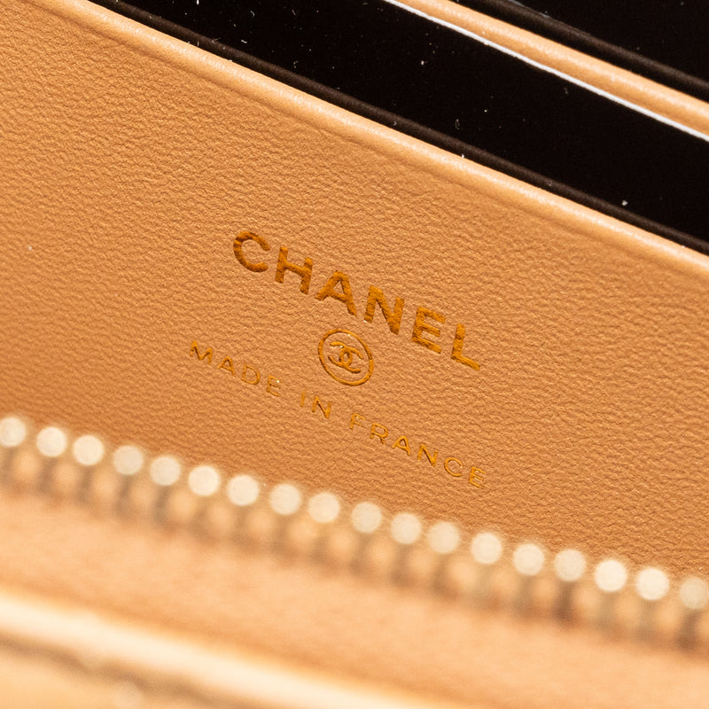 Chanel Top Handle Long Vanity Case With Chain Lambskin Caramel LGHW(Microchip)