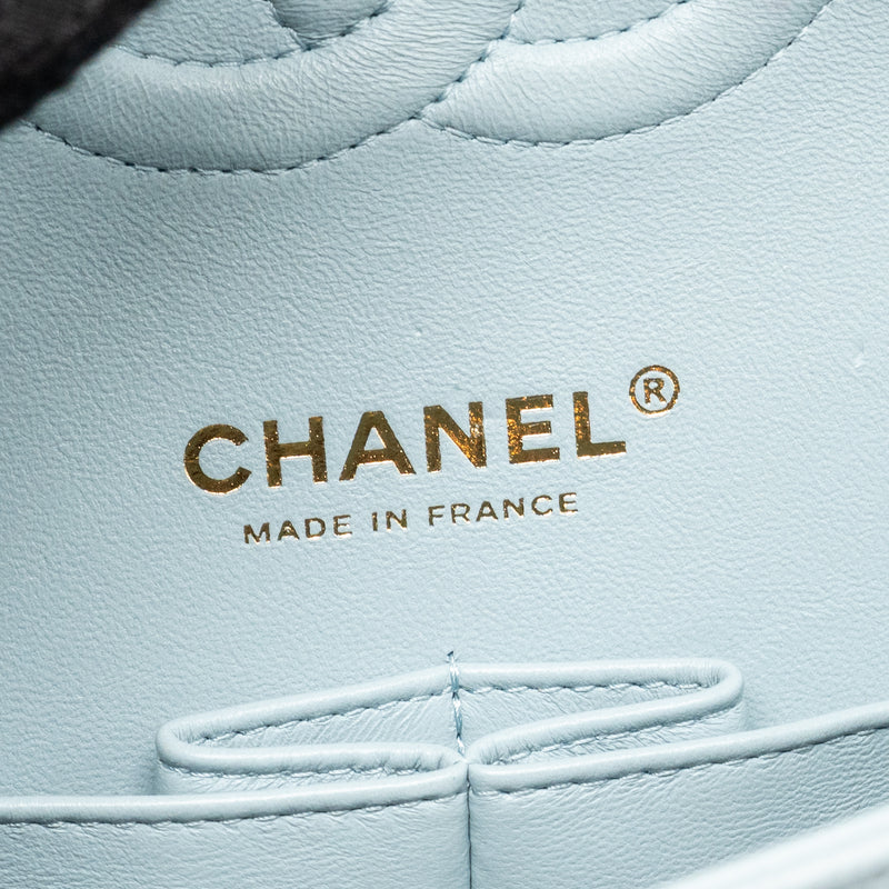 Chanel Medium Classic double flap bag caviar light blue LGHW (microchip)