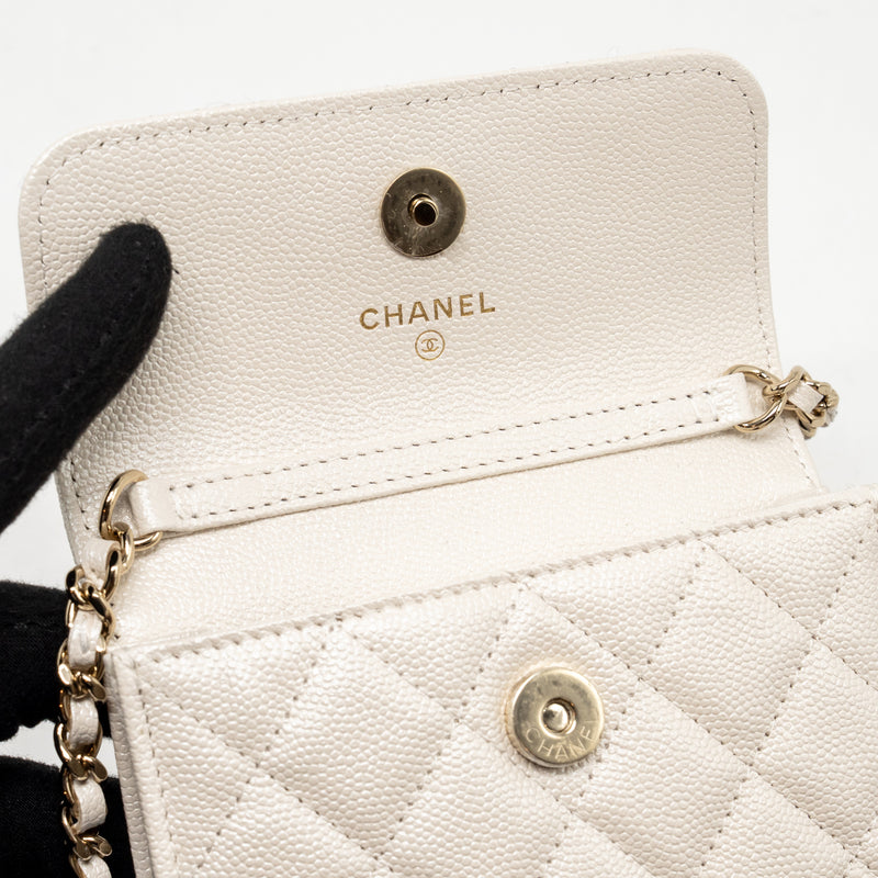 Chanel Jewellery CC Mini Flap Clutch with Chain Caviar Pearly White LGHW (Microchip)