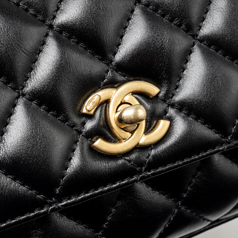 Chanel Detailed Metal Top Handle Mini Coco Handle Flap Bag Shiny Calfskin Black GHW (Microchip)