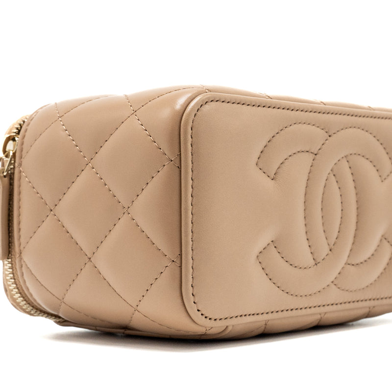 Chanel gold pillar long vanity case with adjustable chain lambskin dark beige GHW (microchip)