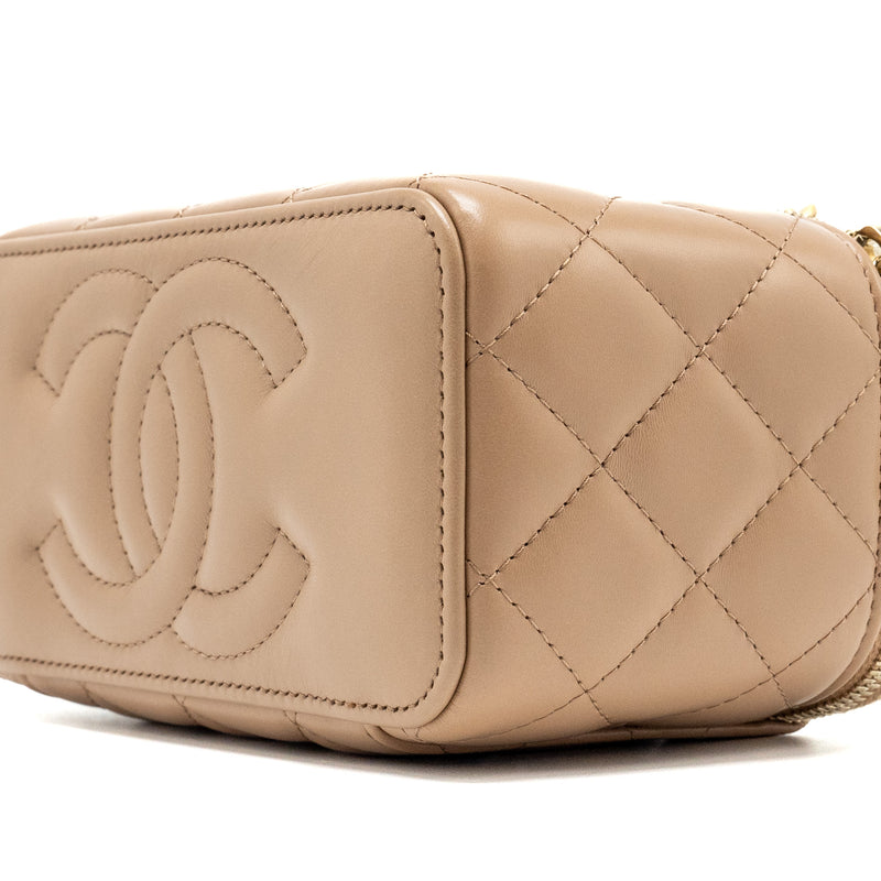 Chanel gold pillar long vanity case with adjustable chain lambskin dark beige GHW (microchip)