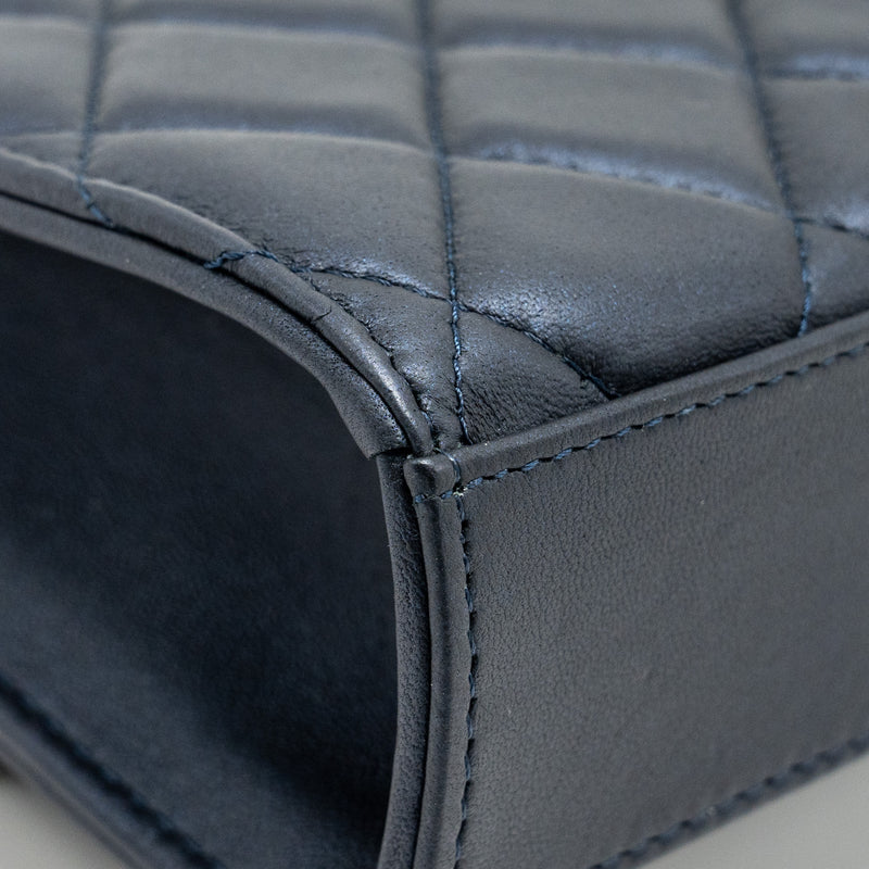 Chanel Top Handle Mini Flap Bag Lambskin Metallic Blue LGHW (Microchip)