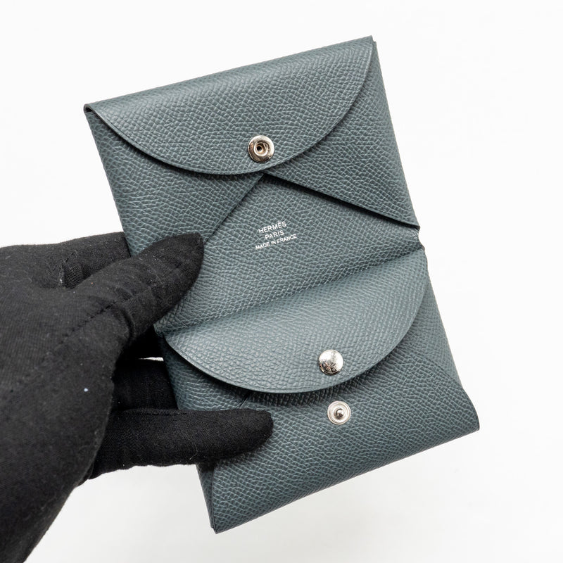 Hermes Calvi Duo Card Holder Epsom Y7 Bleu Orage SHW Stamp B