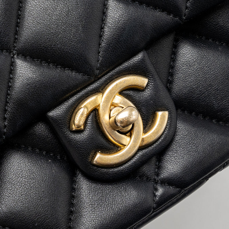 Chanel quilted flap bag with heart charm chain lambskin Black GHW (microchip)