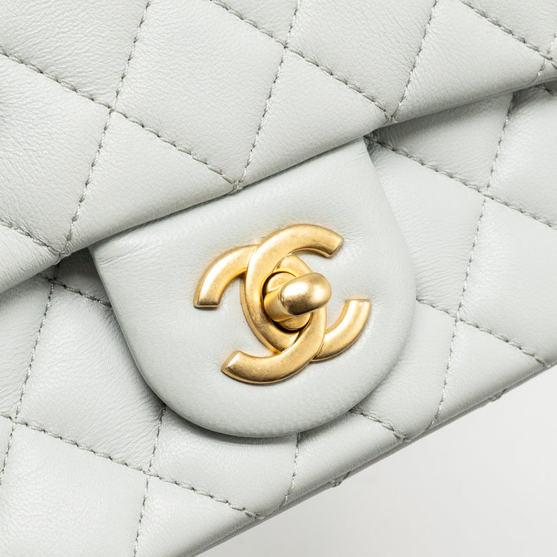 Chanel Camellia Adjustable Chain Mini Square flap bag Lambskin light grey GHW (microchip)