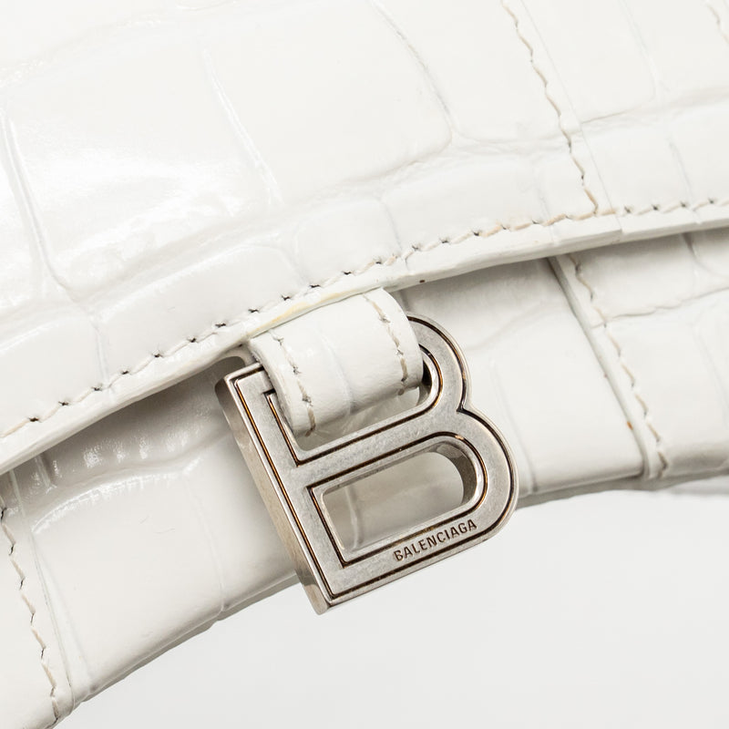 Balenciaga MINI Hourglass Bag CROC Embossed Calfskin White SHW