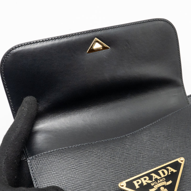 Prada Saffiano Leather Flap Shoulder Bag Calfskin Black GHW