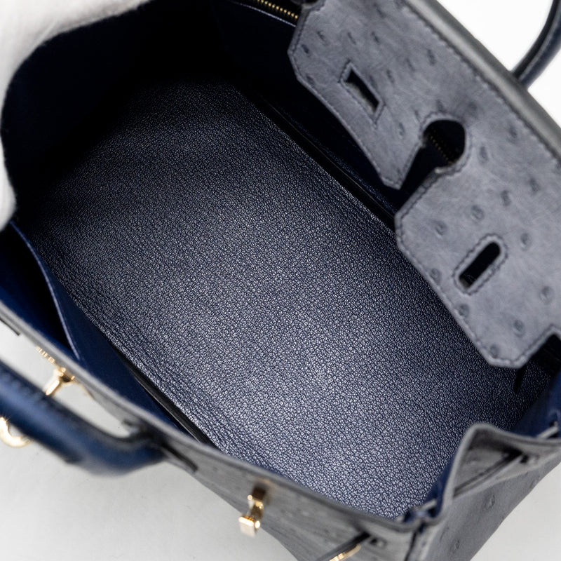 Hermes Birkin 25 Special Order Ostrich Gris Agate/Blue Iris LGHW Stamp D
