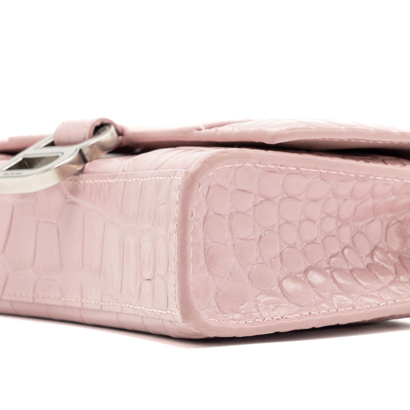 Balenciaga Hourglass Wallet on Chain Croc-Embossed Calfskin Pink SHW