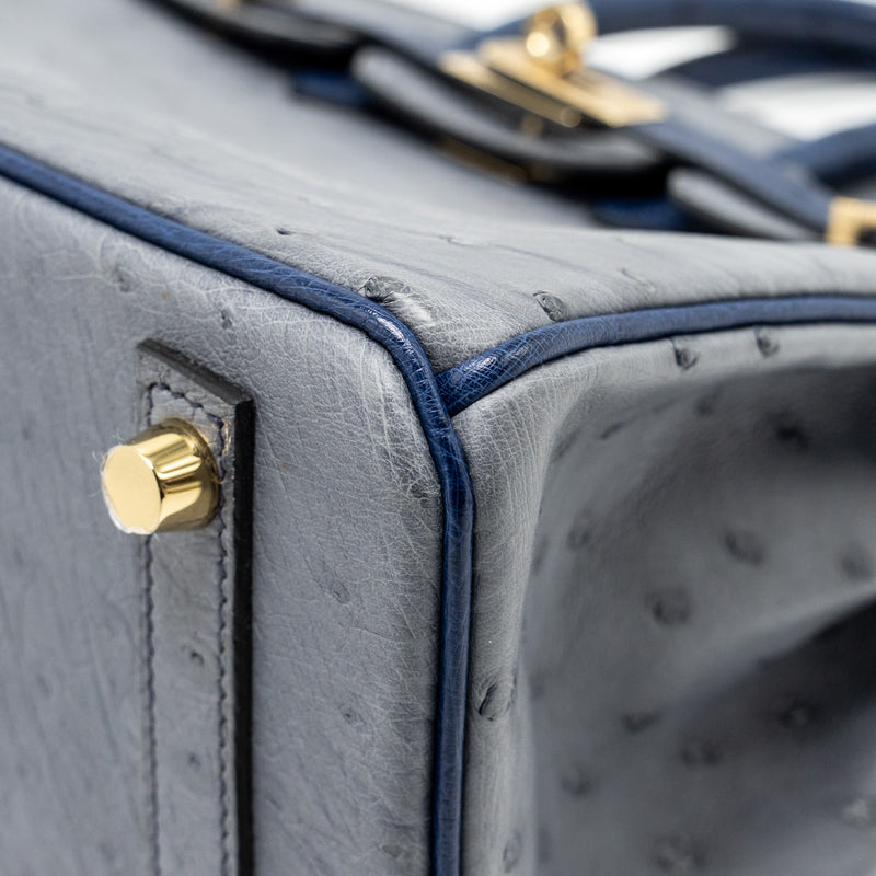 Hermes Birkin 25 Special Order Ostrich Gris Agate/Blue Iris LGHW Stamp D