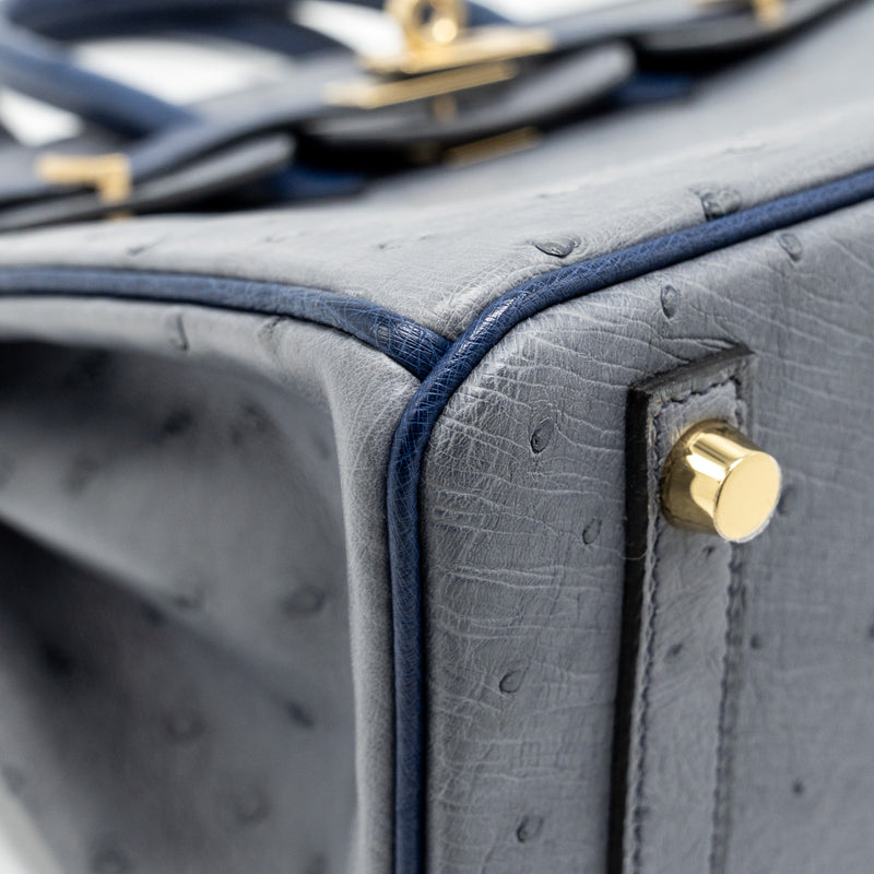 Hermes Birkin 25 Special Order Ostrich Gris Agate/Blue Iris LGHW Stamp D