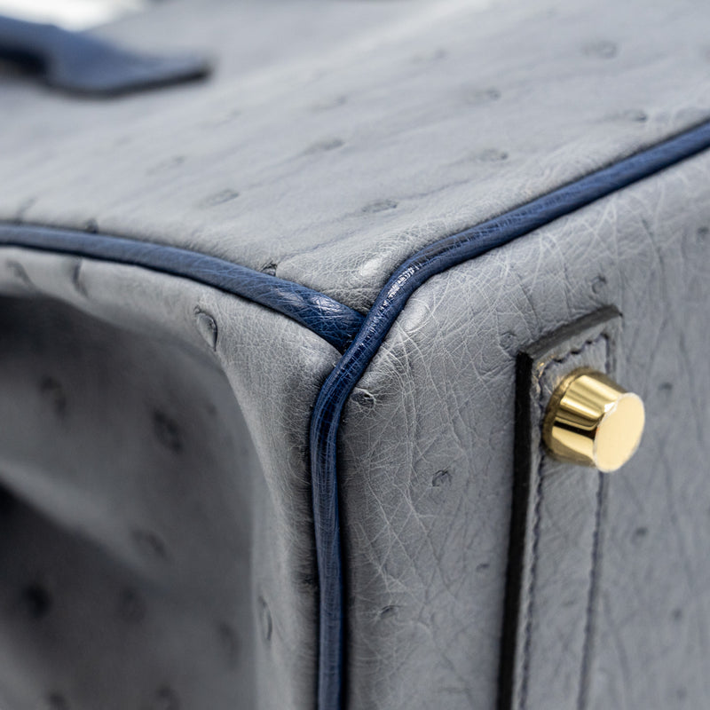 Hermes Birkin 25 Special Order Ostrich Gris Agate/Blue Iris LGHW Stamp D