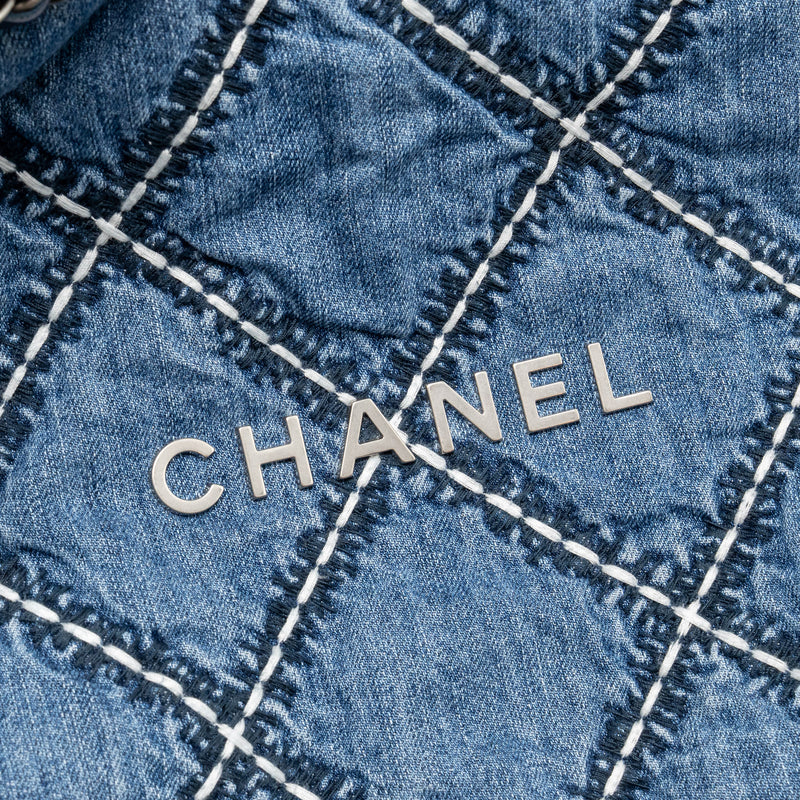 Chanel Small 22 Bag Denim Blue with White Stitching SHW (Microchip)