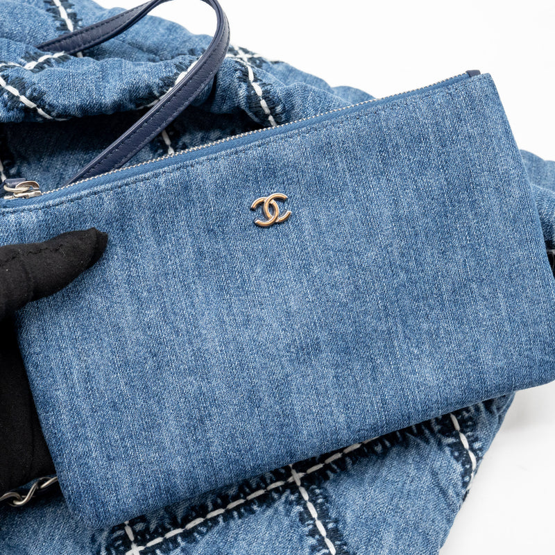 Chanel Small 22 Bag Denim Blue with White Stitching SHW (Microchip)