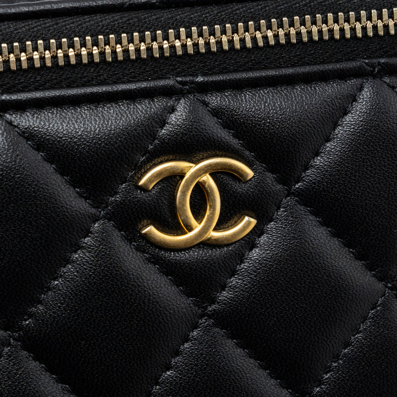 Chanel Top Handle Long Vanity With Chain Lambskin Black GHW(Microchip)