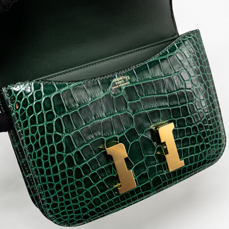 Hermes mini constance shiny alligator mississippiensis vert fonce GHW stamp U