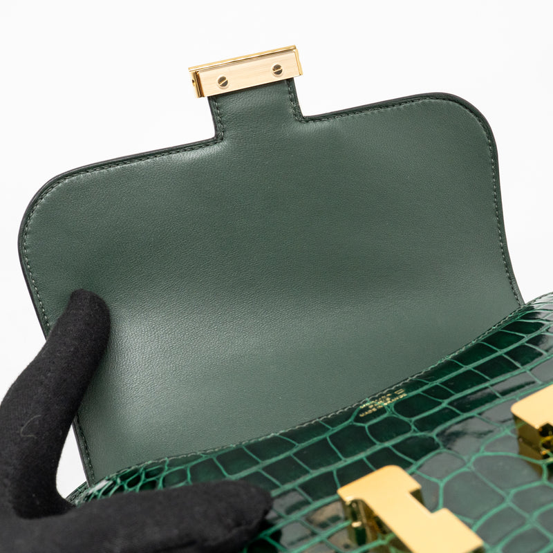 Hermes mini constance shiny alligator mississippiensis vert fonce GHW stamp U