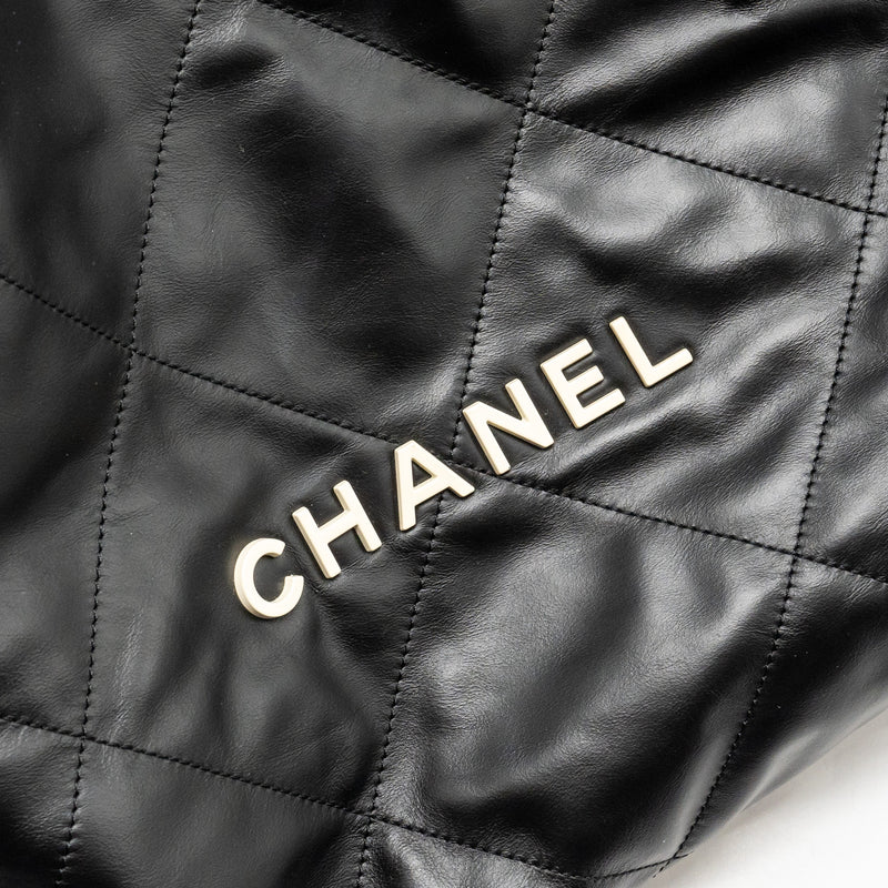 Chanel 22 Backpack White Letter Logo Shiny Calfskin Black GHW (Microchip)