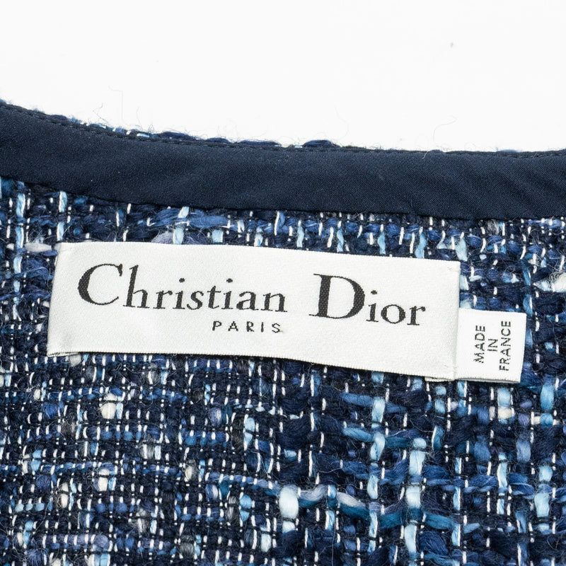 Dior Size 36 Embroidered Logo Fringe Tweed Coat Virgin Wool/Cotton Blue