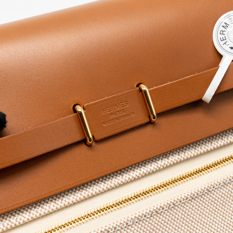 Hermes Herbag Mini Canvas/Hunter Leather Ecru/Beige/Fauve GHW Stamp K