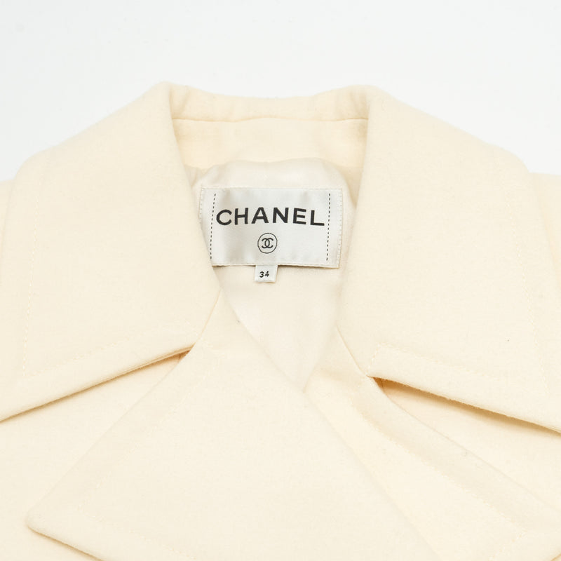 Chanel Size 34 Silver CC Button with Cream Details Coat Wool/Cashmere White