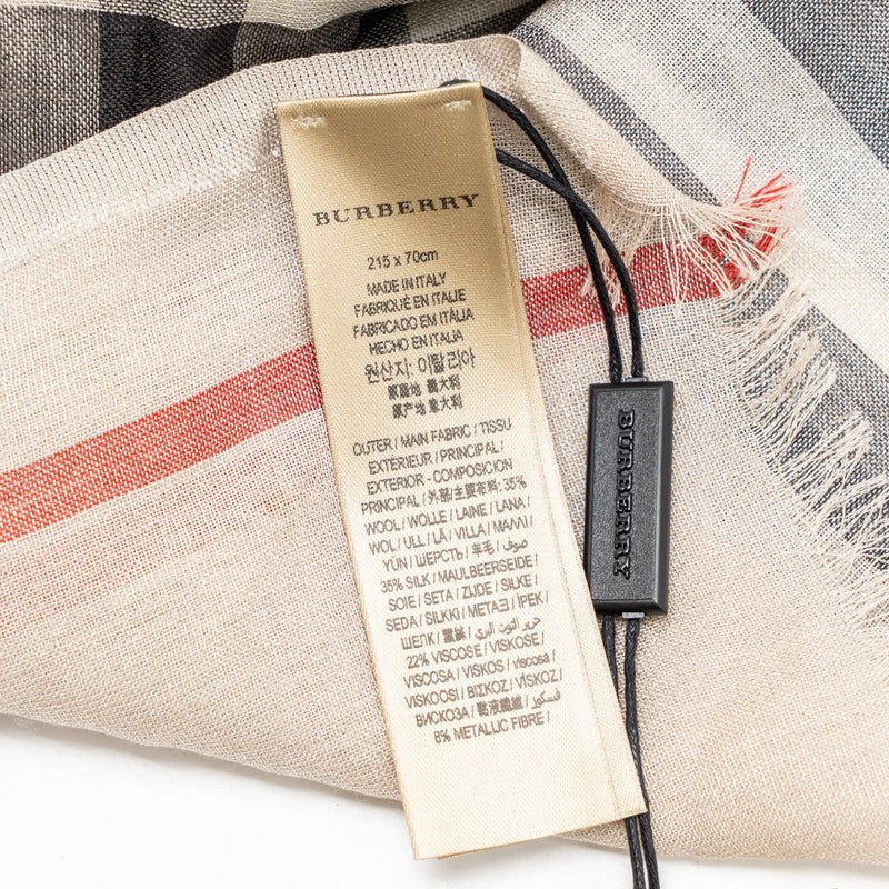 Burberry Metallic Gauze Giant Check Scarf Wool/Silk Stone/Silver