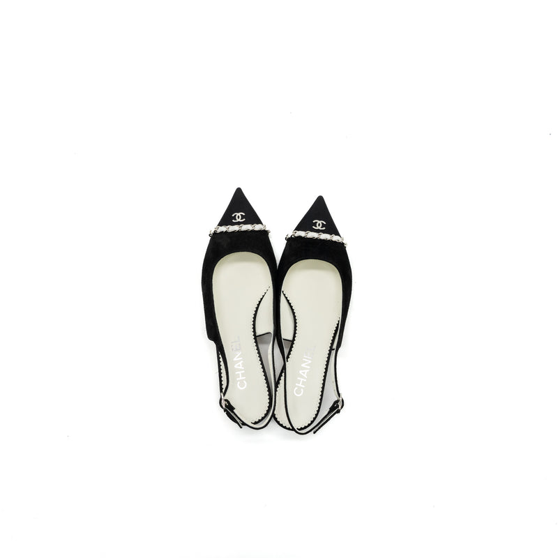 CHANEL SIZE 36 SLINGS SHOES Suede Calfskin/ Grosgrain Metal Black and Light Grey