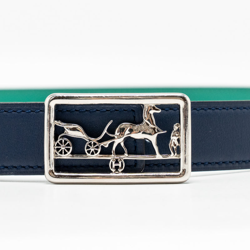 Hermes Size 80 reversible Belt Swift/epsom Navy/Vert Jade with Caleche Buckle SHW Stamp Z