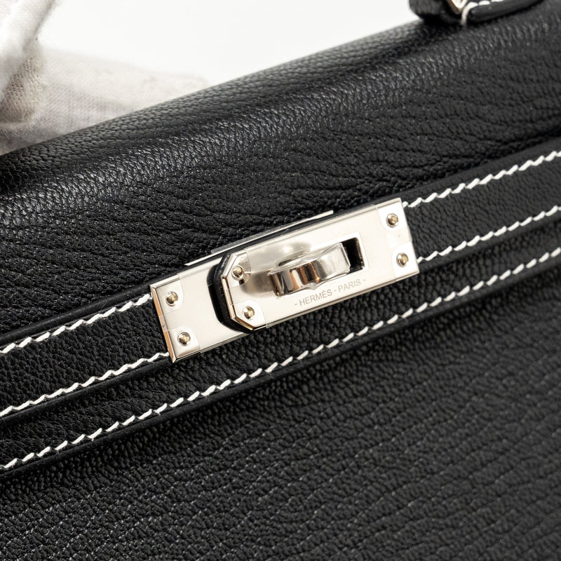 Hermes Mini Kelly II special order Chevre Mysore black / gris perle white stitching SHW stamp W
