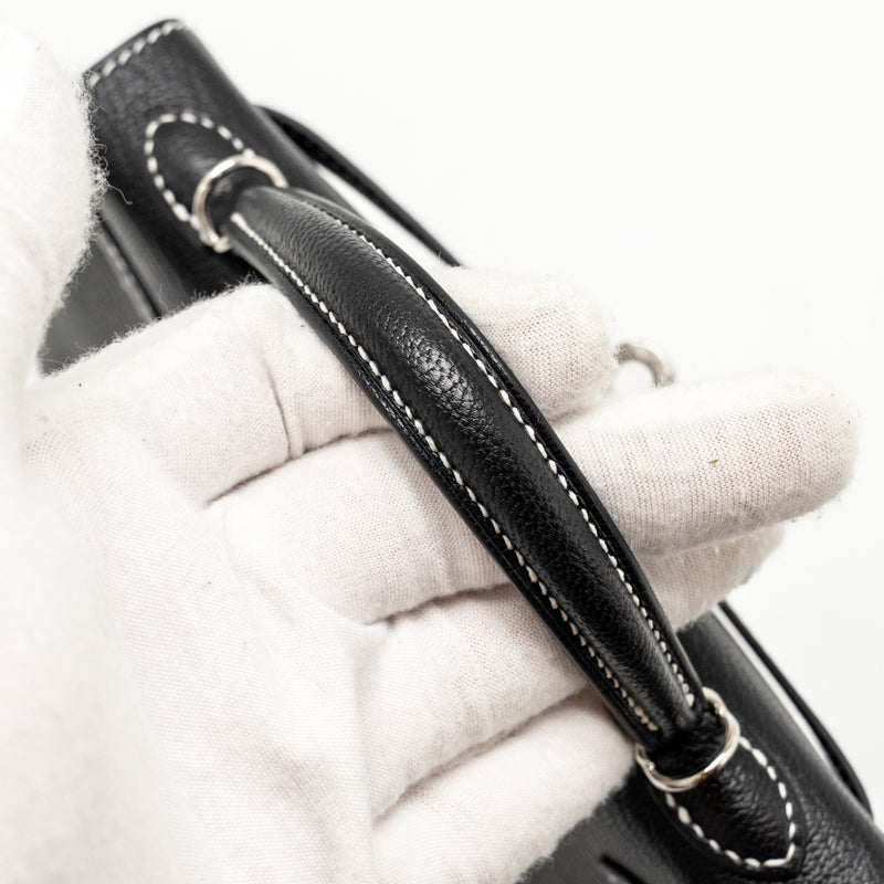 Hermes Mini Kelly II special order Chevre Mysore black / gris perle white stitching SHW stamp W
