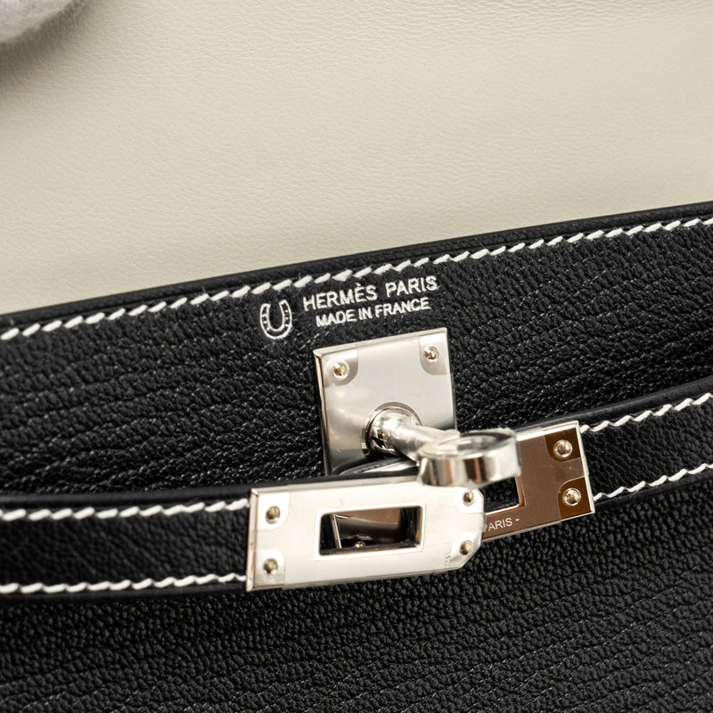 Hermes Mini Kelly II special order Chevre Mysore black / gris perle white stitching SHW stamp W