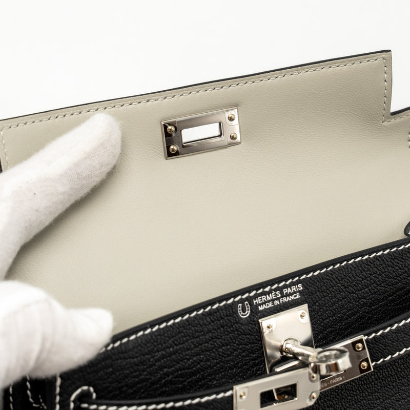 Hermes Mini Kelly II special order Chevre Mysore black / gris perle white stitching SHW stamp W
