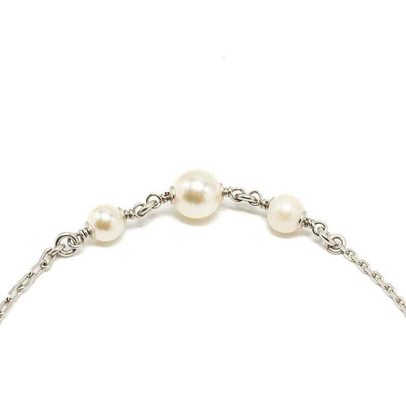 Chanel CC Logo Necklace with Pearls Silver Tone