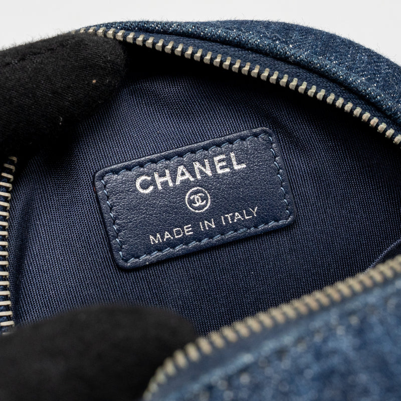 Chanel CC Quilted Round Clutch with Chain Denim Dark Blue SHW