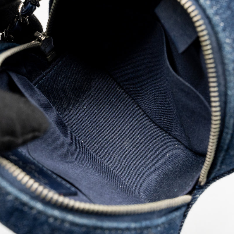 Chanel CC Quilted Round Clutch with Chain Denim Dark Blue SHW