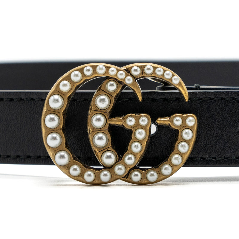 Gucci Size 80 Leather Belt Double G Buckle with Pearl Calfskin Black Brushed GHW