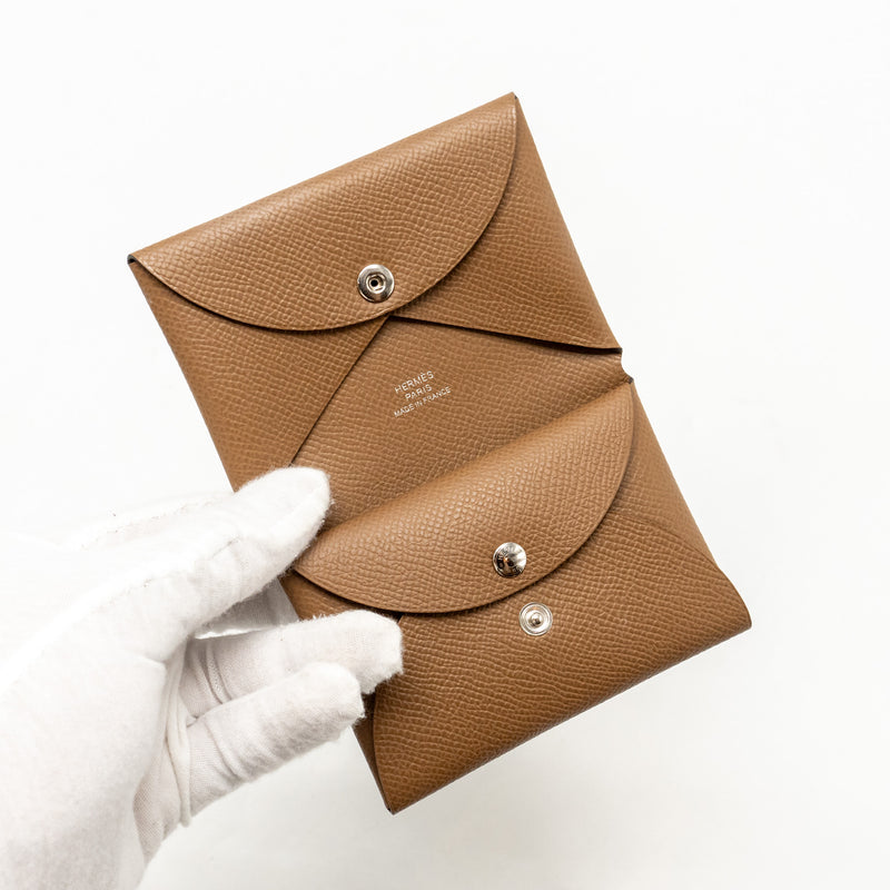 Hermes Calvi Duo Card Holder Alezan and Bastia Change Purse Etoupe Epsom SHW Stamp B (Sell in a Set)