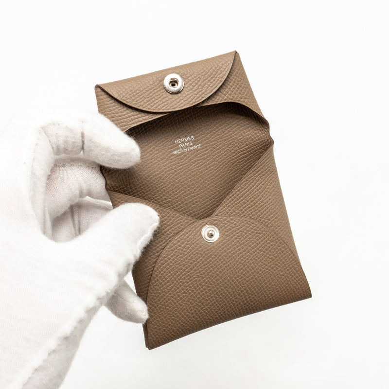 Hermes Calvi Duo Card Holder Alezan and Bastia Change Purse Etoupe Epsom SHW Stamp B (Sell in a Set)