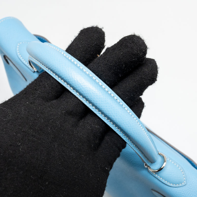 Hermes Kelly 35 Epsom 7N Blue Celeste SHW Stamp Square O