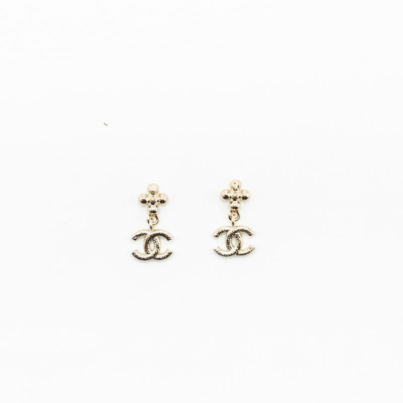 Chanel CC Logo Dropped Earrings Crystal Light Gold Tone
