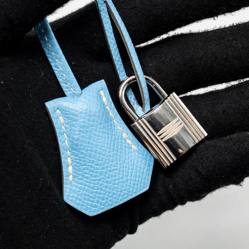 Hermes Kelly 35 Epsom 7N Blue Celeste SHW Stamp Square O