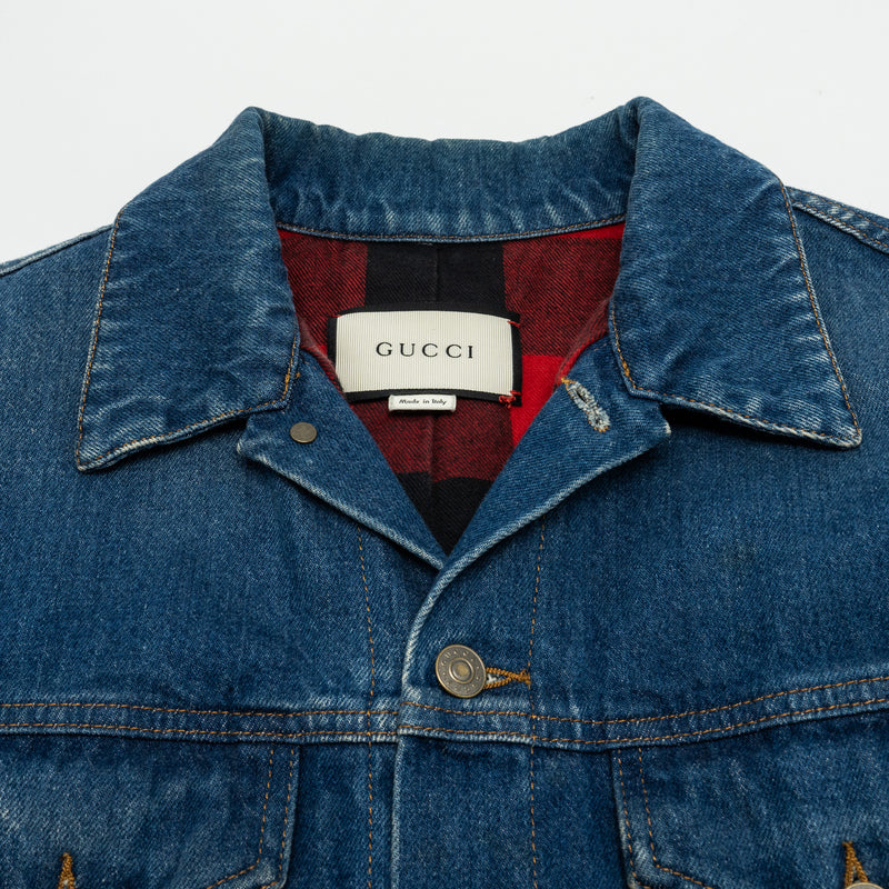 GUCCI Size 48 Tiger Denim Jacket With Embroidery Cotton Blue/Multicolour