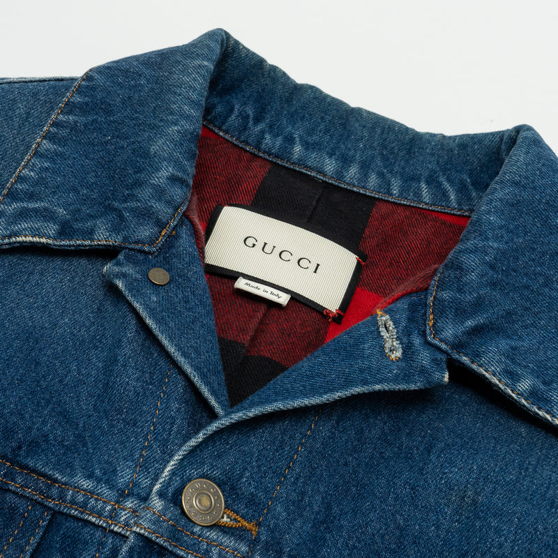 GUCCI Size 48 Tiger Denim Jacket With Embroidery Cotton Blue/Multicolour