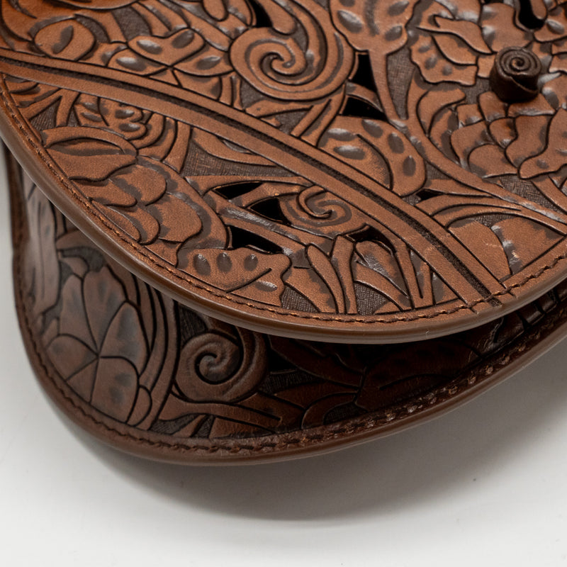 Dior Medium Saddle Bag Laser-cut Floral Calfskin Brown GHW